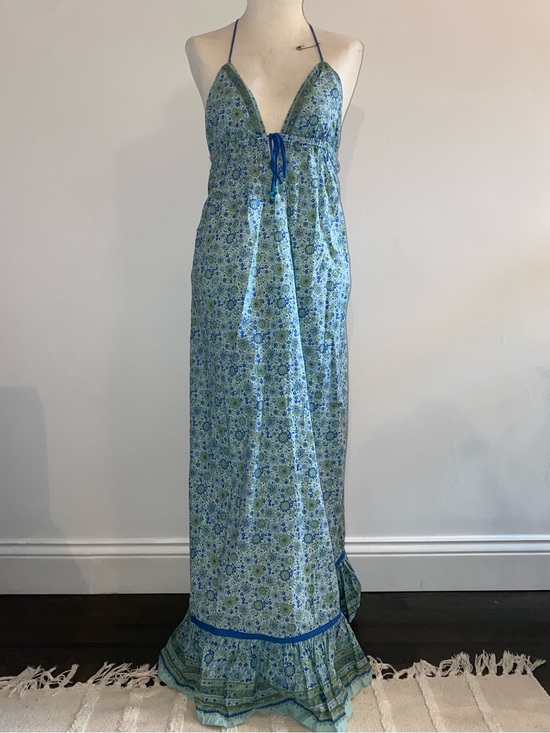 Angie Dresses & Skirts - Vintage Blue and Green Floral Halter Cotton Maxi Dress Size S